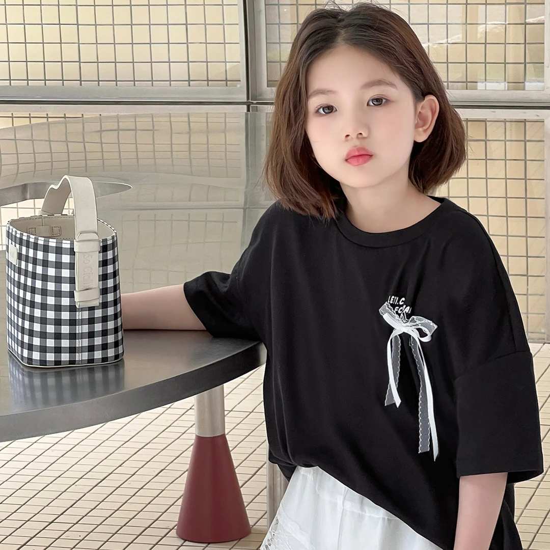 乐题女童短袖T恤夏季纯棉宽松蝴蝶结儿童装韩系中大童学生上衣潮