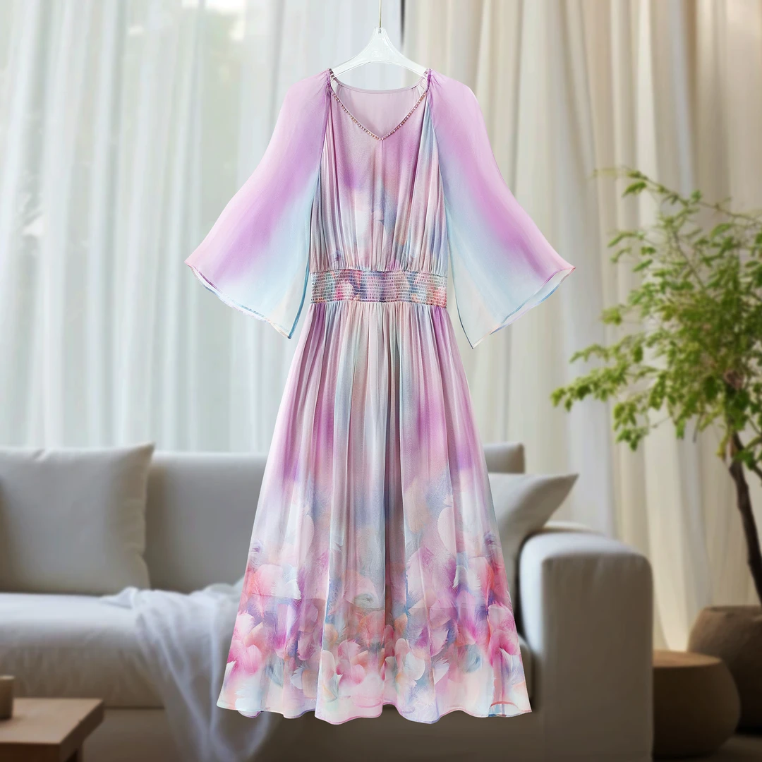 “裳玥丝绸”100%桑蚕丝定位印花连衣裙V领度假风显瘦女士真丝C260