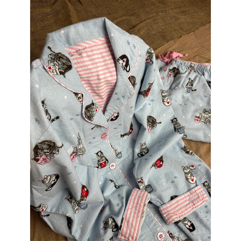 【水杯小猫】可爱卡通睡衣春秋女款长袖长裤宽松可外穿家居服套装