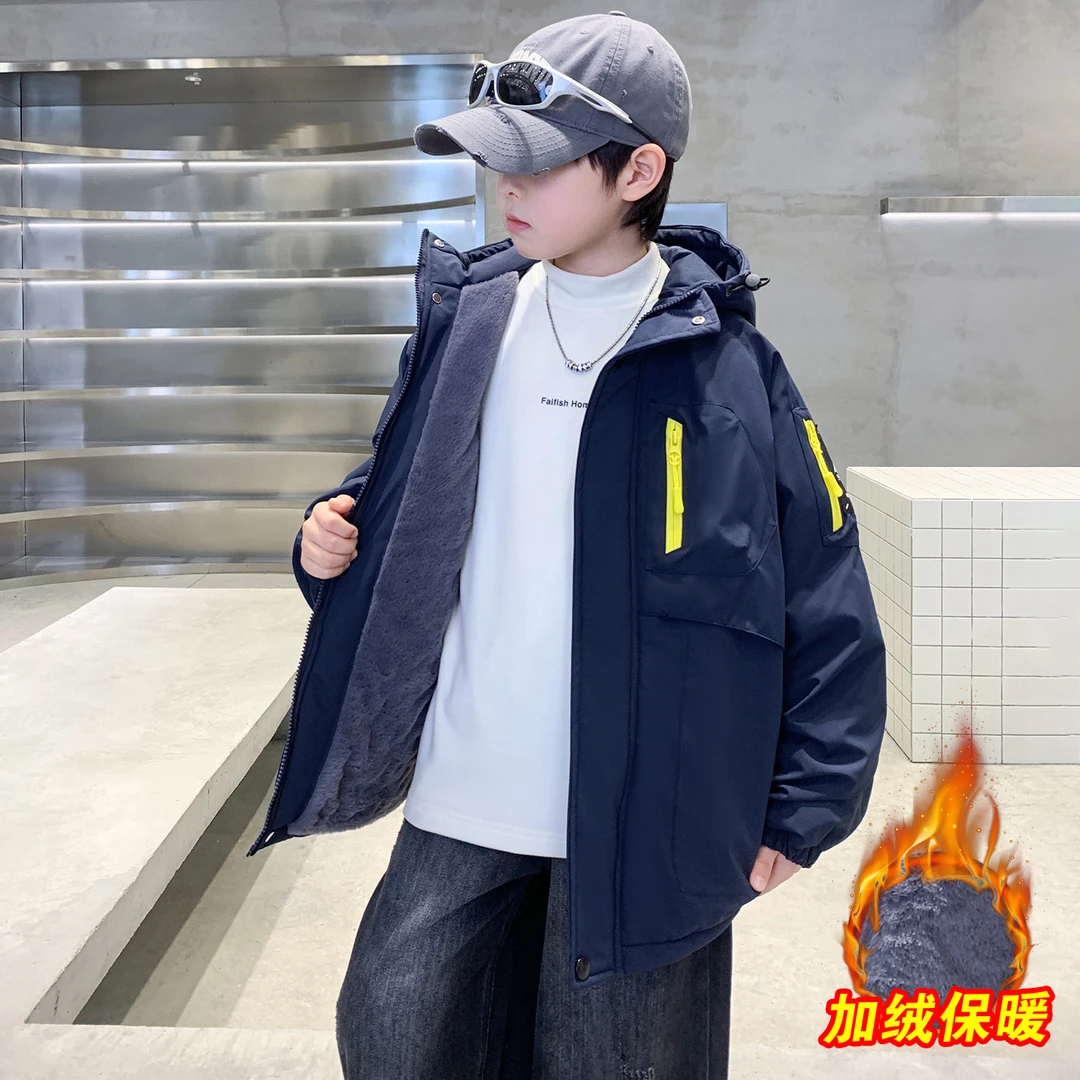 男童加绒加厚外套2025新款中大儿童秋冬冲锋衣派克服夹棉棉服冬季