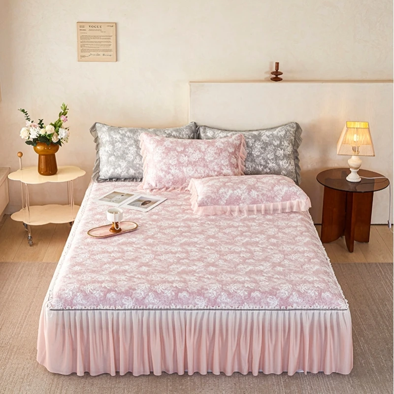 2025新款冰丝凉席床裙三件套玫瑰提花渐变冰豆豆凉席公主风夏季