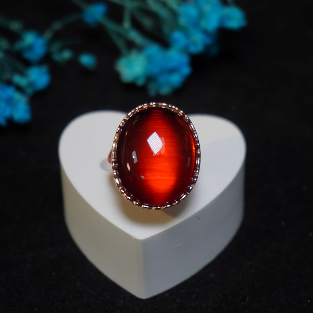 SY血珀追光猫眼戒指S925银镶嵌天然琥珀蜜蜡红色轻奢小众蛋面开口