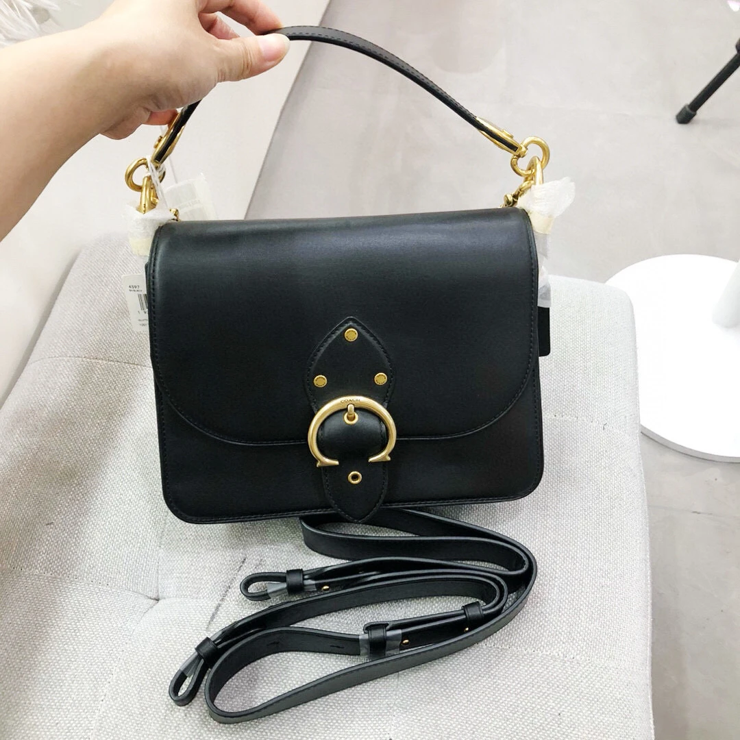 99新 COACH/蔻驰 全皮黑金手提单肩包斜挎包