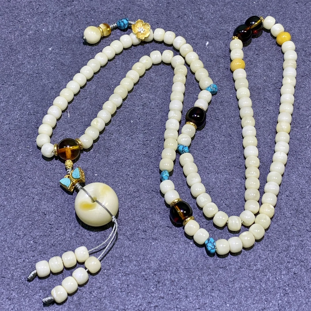 【亿轩珠宝】QF0514白蜡老型108毛衣链diy红蓝珀&绿松6mm+