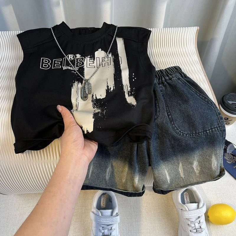 [安安家]韩版时髦男童背心套装夏季2025新款痞帅儿童夏装宝宝无