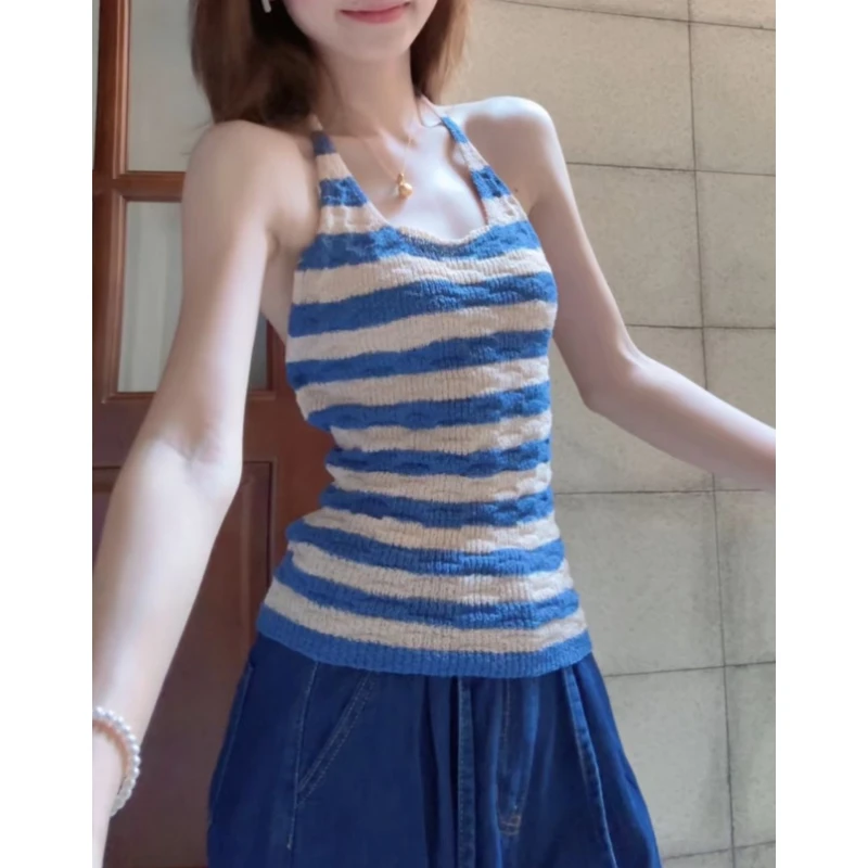 蓝色V领条纹挂脖露背针织吊带背心女夏外穿修身露肩短款无袖上衣