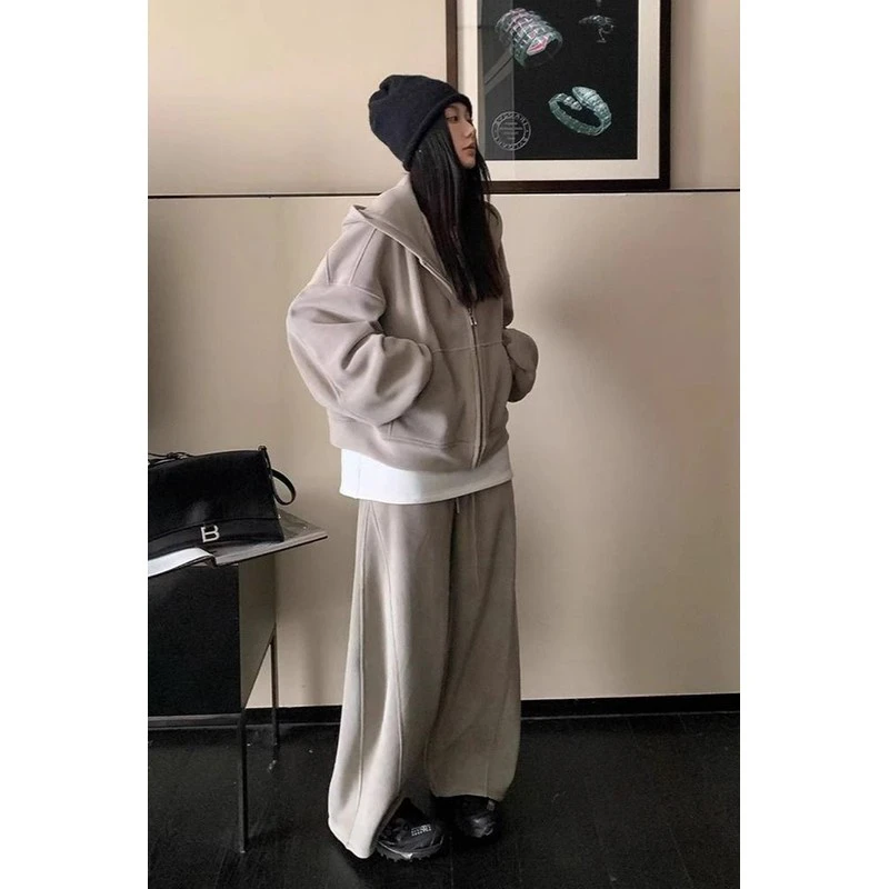 奥特莱斯纯棉美式复古连帽休闲灰色套装女显瘦加绒阔腿感减龄卫裤