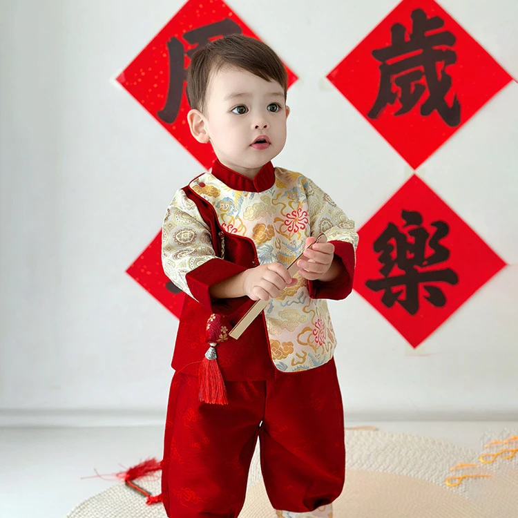 2025新款春节喜庆童装男女童红色麒麟唐装宝宝拜年服