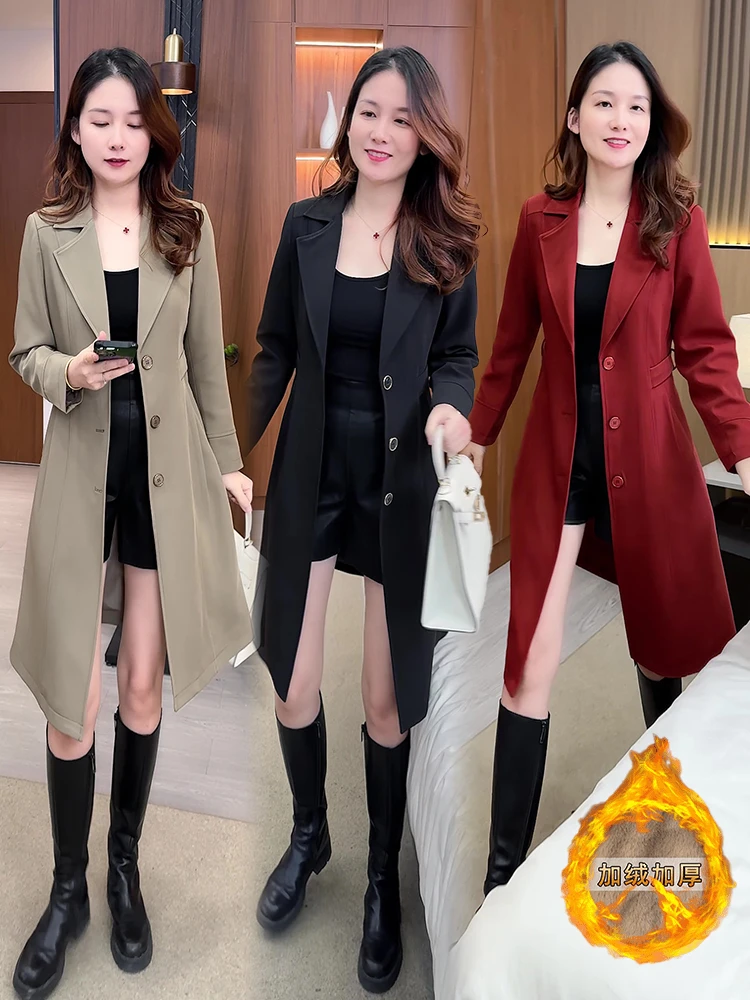 秋冬季中长款加绒加厚风衣外套女2025新款时尚洋气西装领保暖大衣