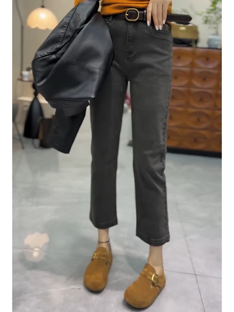 秋季新款弹力修身直筒牛仔裤女大码百搭显瘦洋气窄版九分烟管裤子