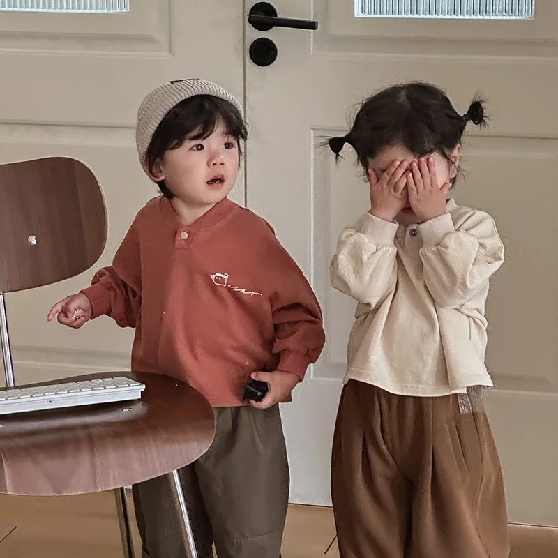 【反季清仓】新款森系儿童卡通印花棒球服领卫衣男女童长袖上衣VT27