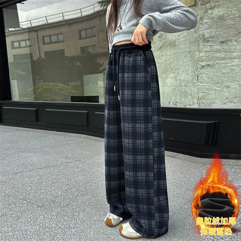 女童裤子秋冬加绒格子阔腿裤儿童休闲女大童洋气显瘦女孩直筒裤
