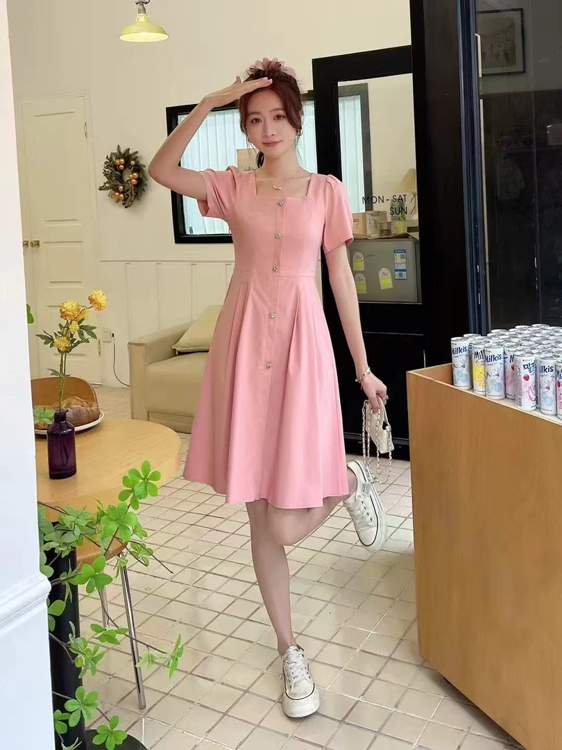 小个子有口袋简约气质甜美收腰显瘦舒适方领连衣裙