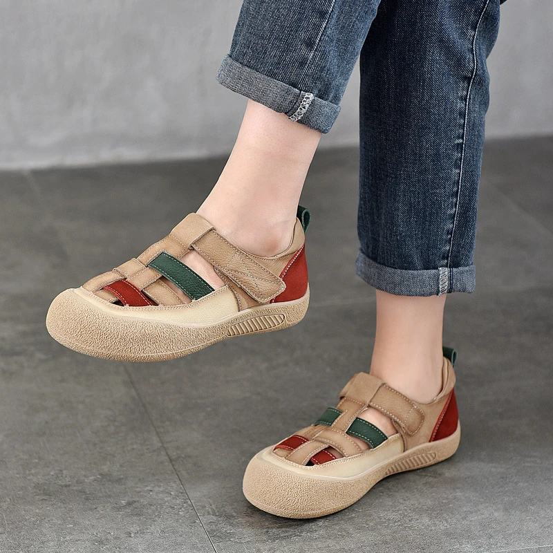 头层牛皮拼色镂空凉鞋女鞋低帮罗马鞋2025夏季新款圆头猪笼鞋板鞋
