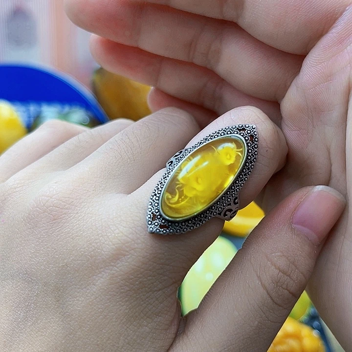 琥珀银S925镶嵌颈饰戒指