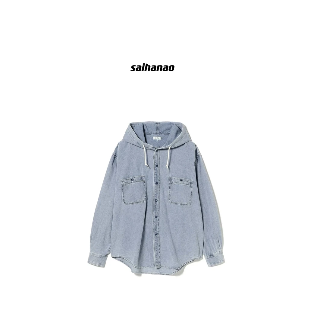 连帽抽绳牛仔衬衫