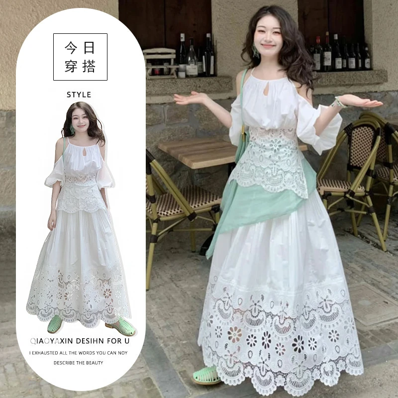 大码胖MM法式白色小众重工蕾丝镂空绣花露肩上衣搭配半身裙两件套