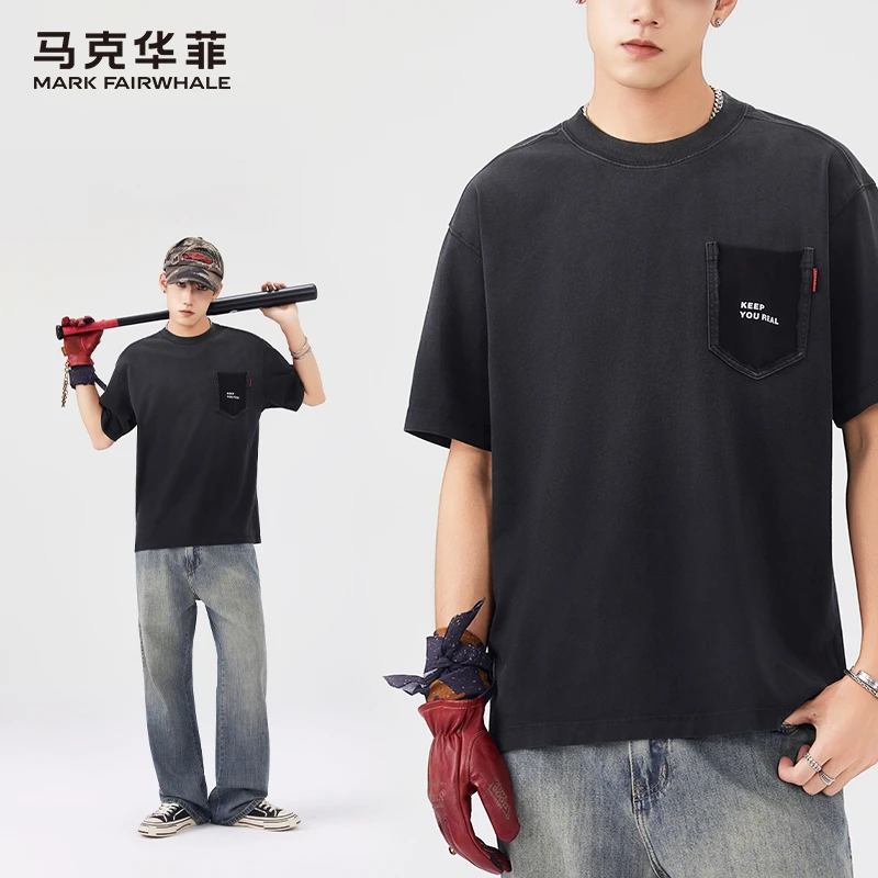 马克华菲夏季美式高街水洗假口袋嘻哈短袖T恤男渐变做旧宽松T恤