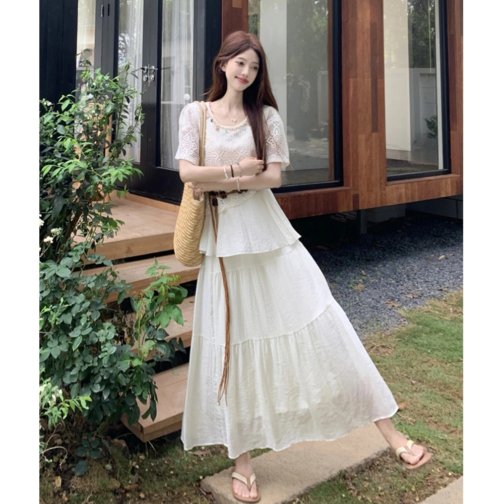 夏季设计感镂空针织罩衫女高腰长款蛋糕半身裙度假风气质两件套