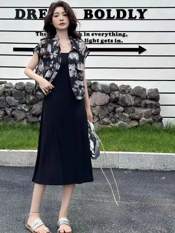 2025夏季新款时尚印花衬衣小衫加垂感背心连衣裙两件套