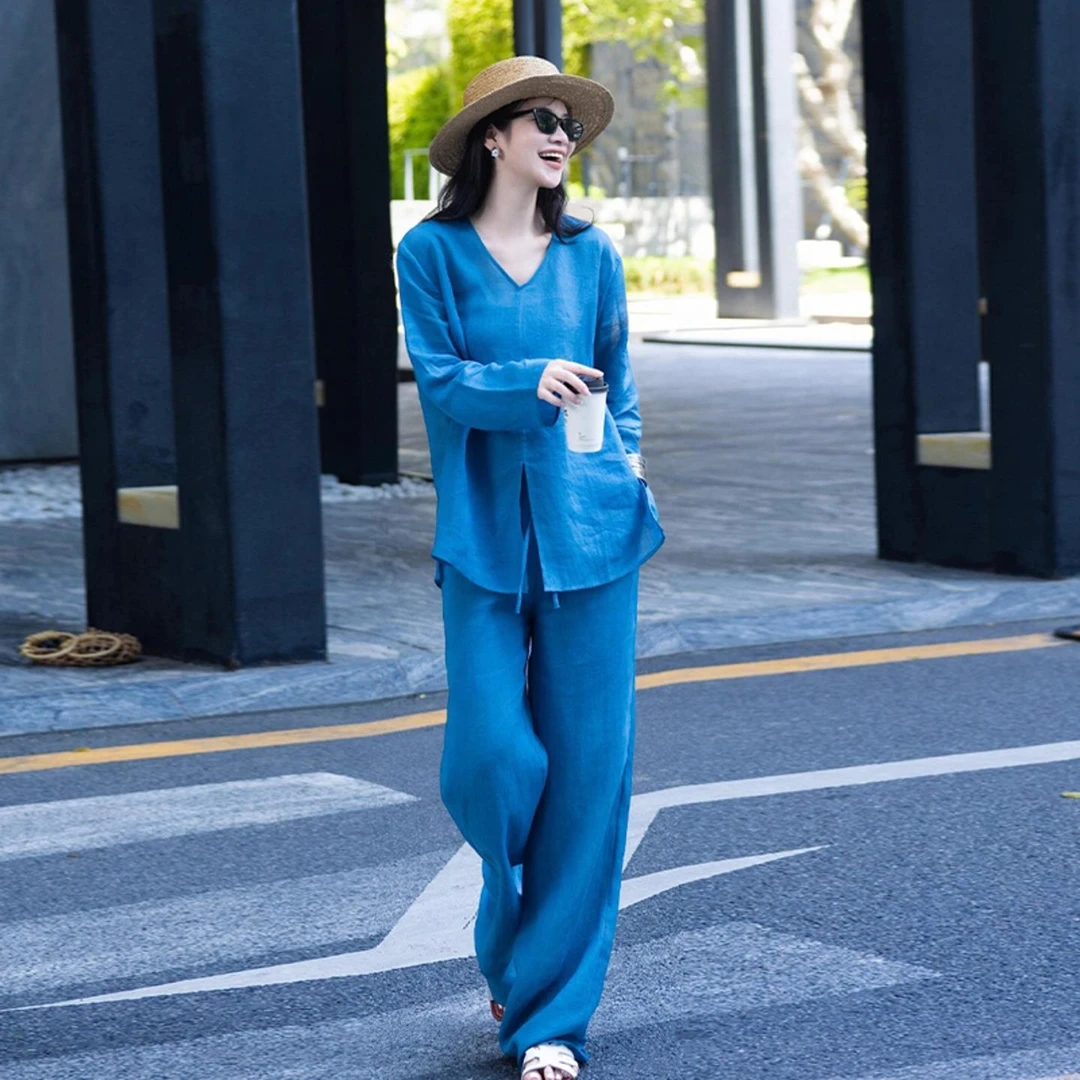 2025秋季爆款两件套贵气松弛感穿搭高级感蓝色衬衫阔腿裤亚麻套装