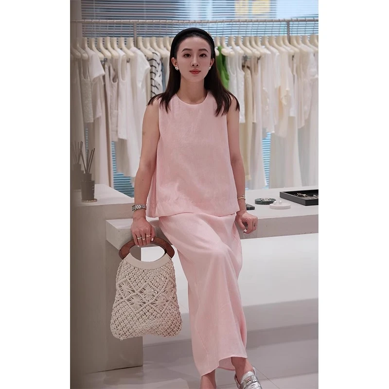 法式亚麻粉色衬衫套装女夏季高端轻奢气质无袖马甲背心半裙两件套