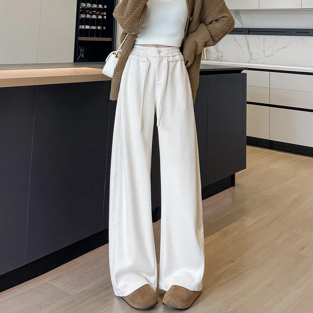 白色弯刀裤女2025新款秋冬裤子宽松慵懒感羊毛休闲百搭毛呢阔腿裤