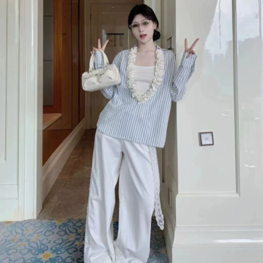 法式v领设计感条纹上衣搭配吊带裤子套装-3812