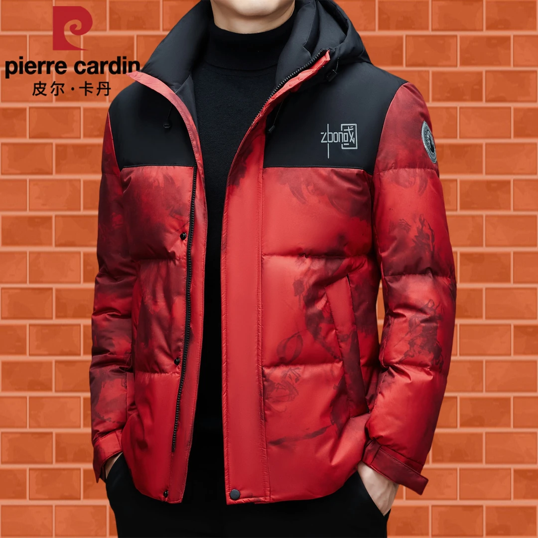 皮尔卡丹保暖羽绒服男短款冬季中青年时尚修身连帽本命年红色外套