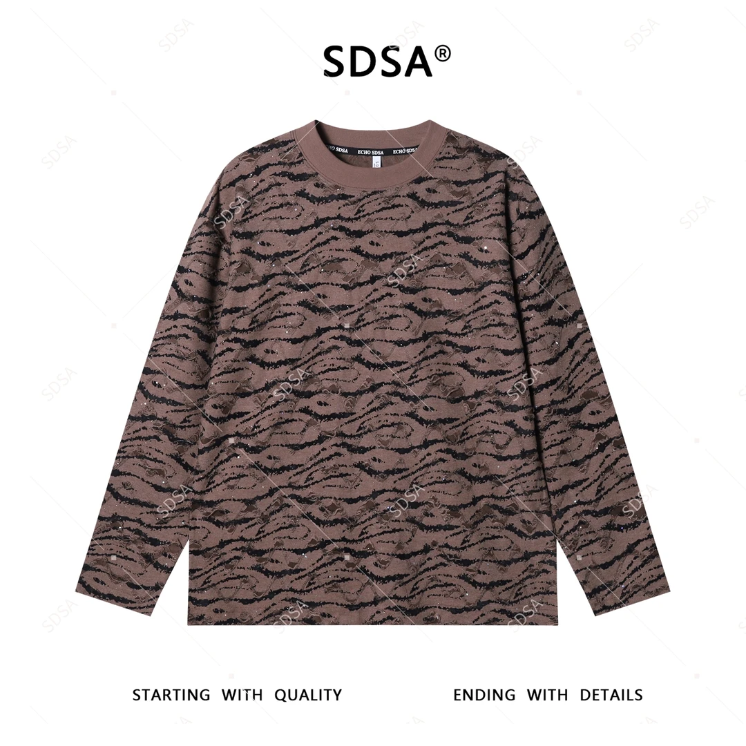 SDSA男士秋冬新款轻奢痞帅男装磨破植绒满天星圆领长袖T恤百搭潮