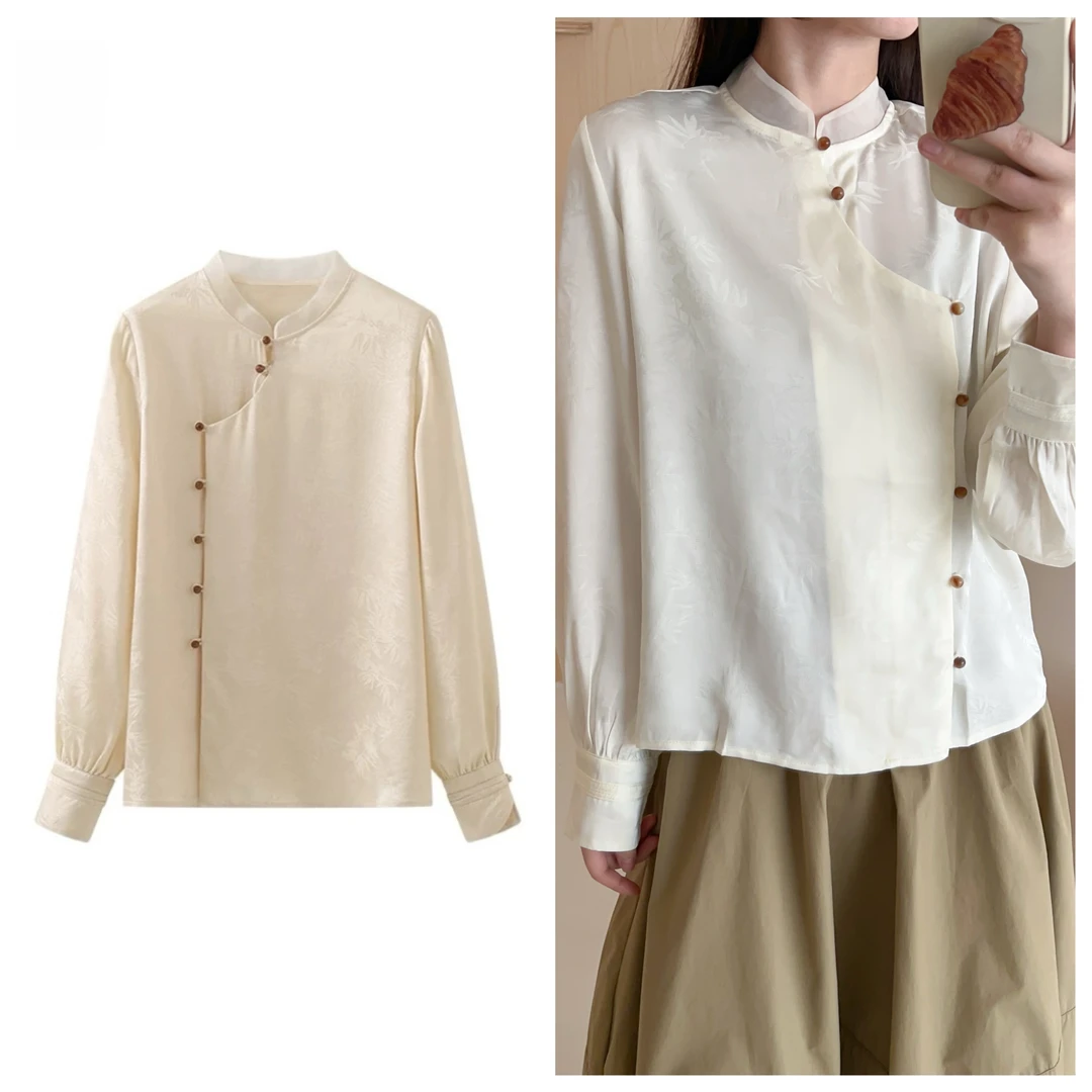 现【新中式】国风复古盘扣衬衫女2025春秋新款提花立领衬衣上衣