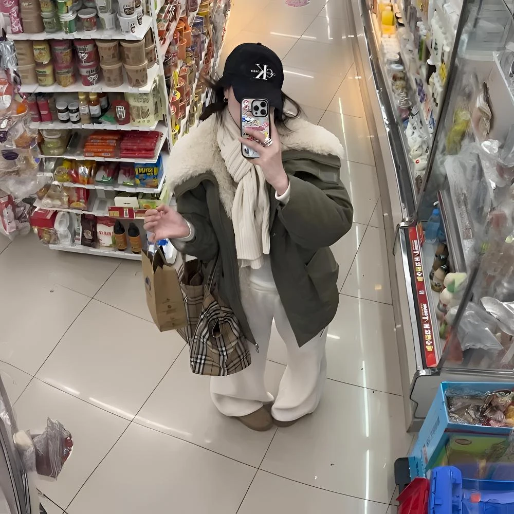 许我耀眼赵露思同款加厚内里羊羔毛绒拼接军绿色派克服保暖女外套