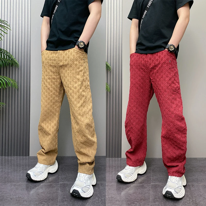 秋季美式提花水洗哈伦裤男美式休闲宽松牛仔裤痞帅钩花磨破弯刀裤