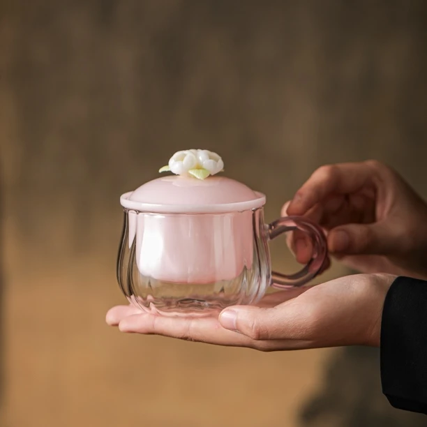 汤大壮【茶咖杯】粉色璞玉捏花办公杯