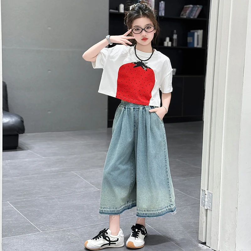 女童夏装套装2025新款6 -12岁15岁中大儿童洋气短袖T恤牛仔阔腿裤