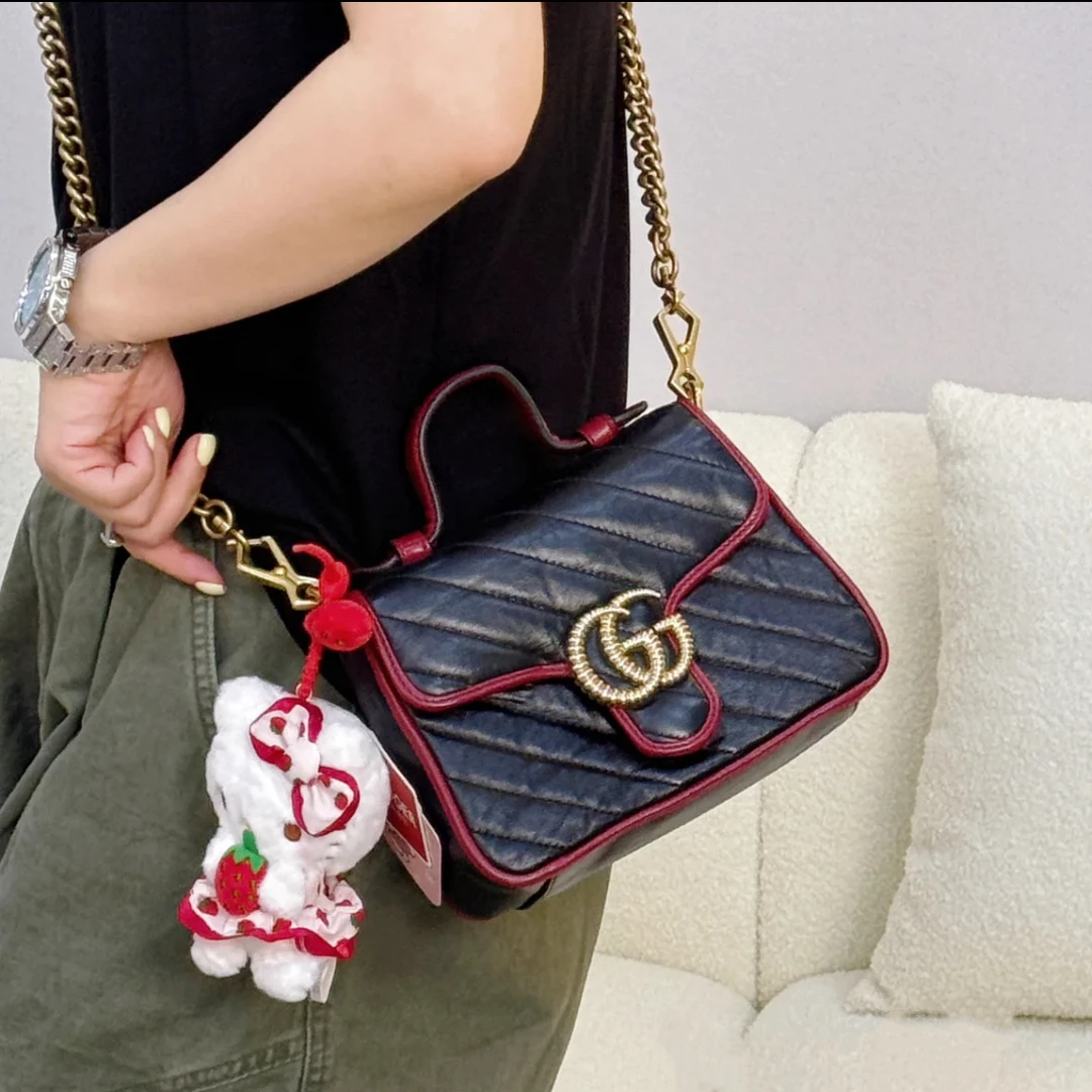 95新 GUCCI/古驰 黑红拼色mini马蒙邮差包斜挎链条包 98新