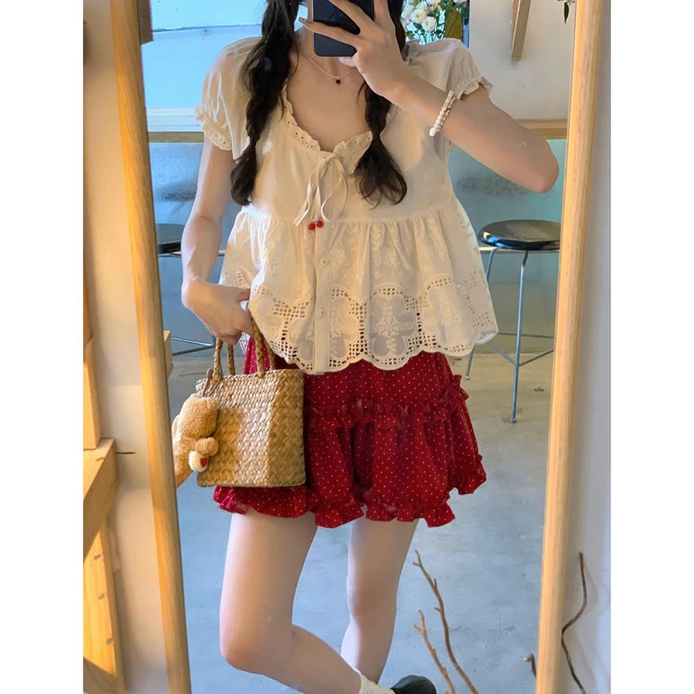 甜美风套装女夏季法式蝴蝶结蕾丝泡泡袖衬衫红色波点半身裙两件套