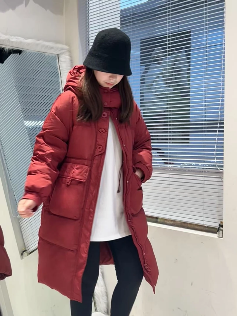 长款时尚女装冬季保暖连帽中长款收腰外套