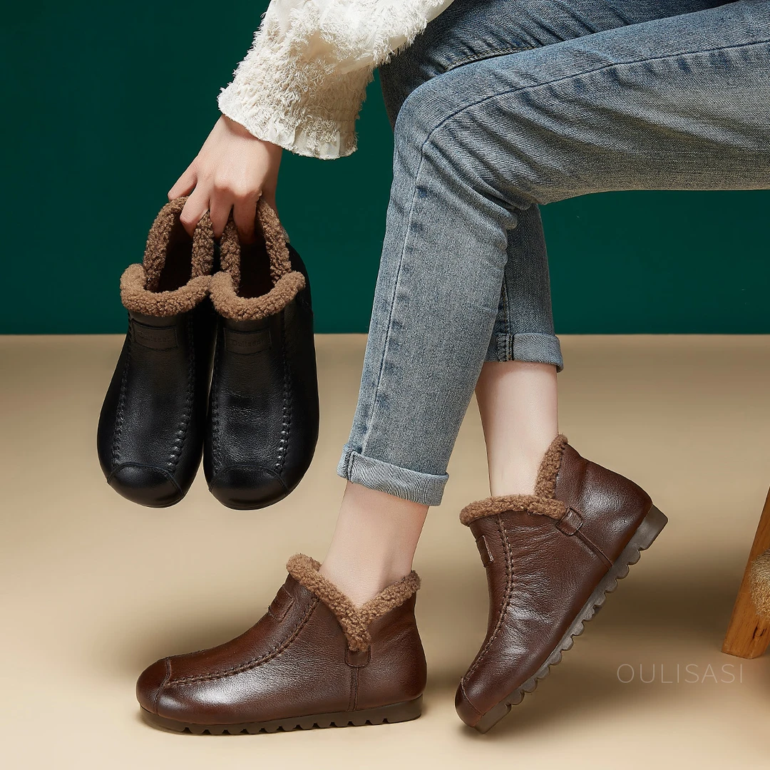 511头层牛皮棉靴女2024新款冬季真毛高帮V口舒适轻盈休闲女