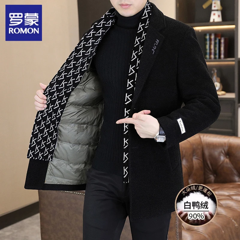 罗蒙罗蒙毛呢大衣男中长款秋冬季白鸭绒内胆加厚呢子羽绒外套男士