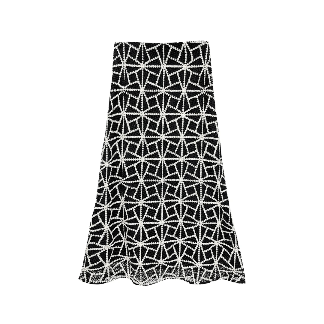 【亚楠本楠】立体花朵格子黑白撞色气质网纱半身裙7786