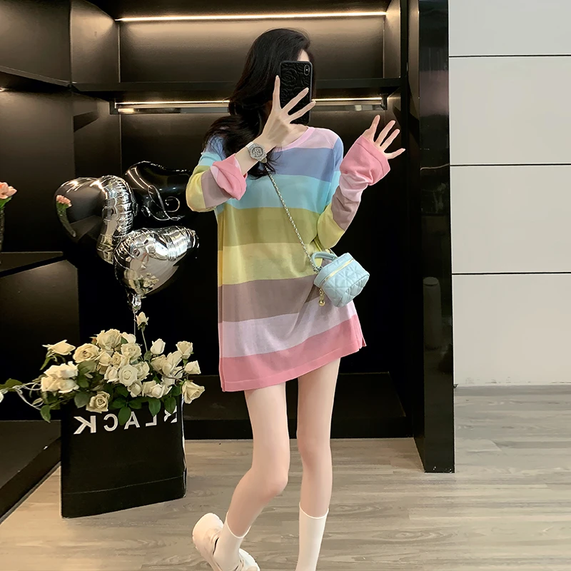 初秋轻薄条纹宽松中长款针织衫长袖圆领慵懒风秋季时尚减龄上衣