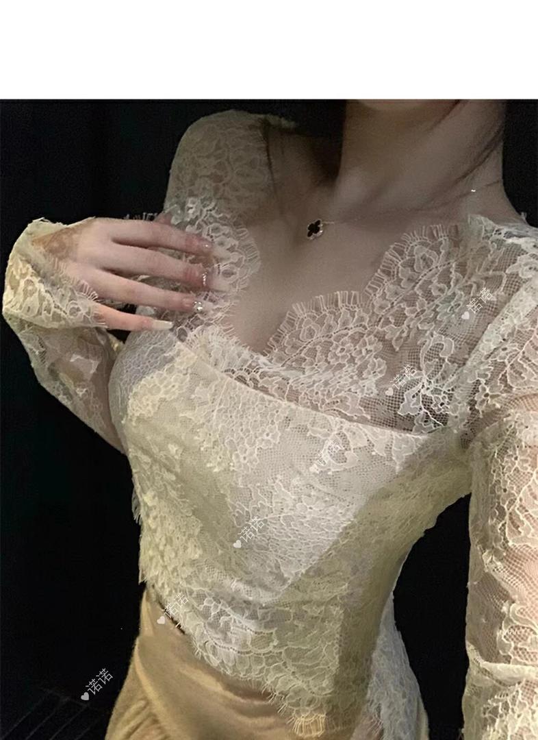 6615 纯欲性感内里磨毛加厚蕾丝打底衫
