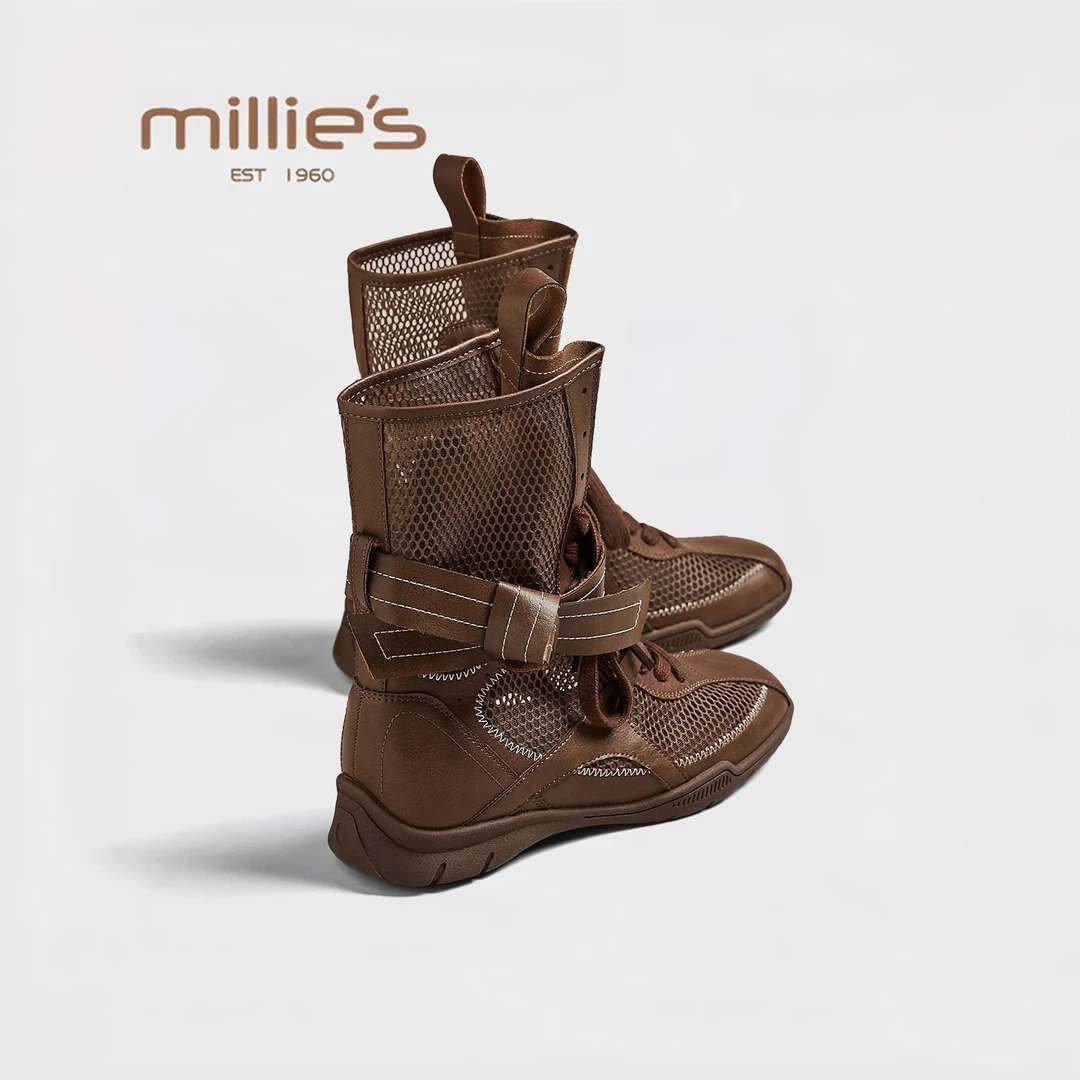 MILLIE'S/妙丽休闲网面凉靴女2025夏拳击猎鸭靴系带圆头百搭单靴