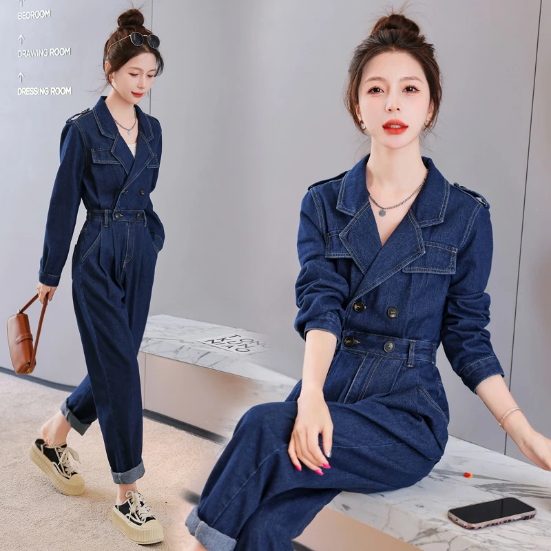 西装领牛仔连体裤女2025年春秋新款气质双排扣高腰修身工装连衣裤