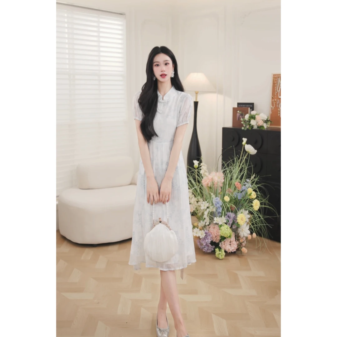 鹿向南【萦梦烟雨】新中式连衣裙2025新款显瘦设计感长裙LXN29939