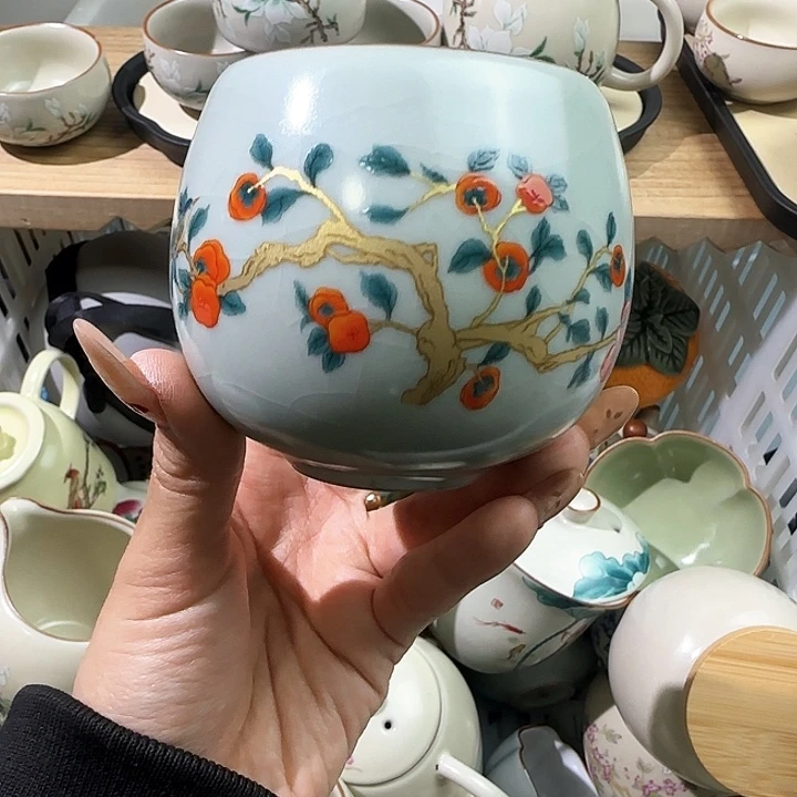 豆青柿柿如意龙蛋杯