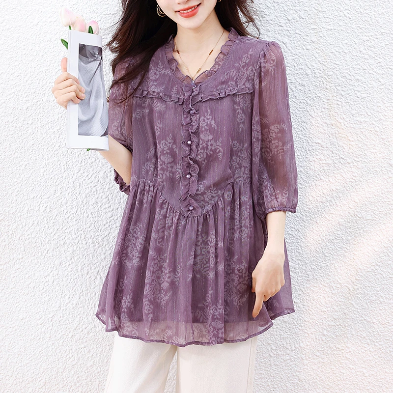 木耳边印花气质雪纺衫女夏季新款2025大码宽松减龄遮肉圆领上衣