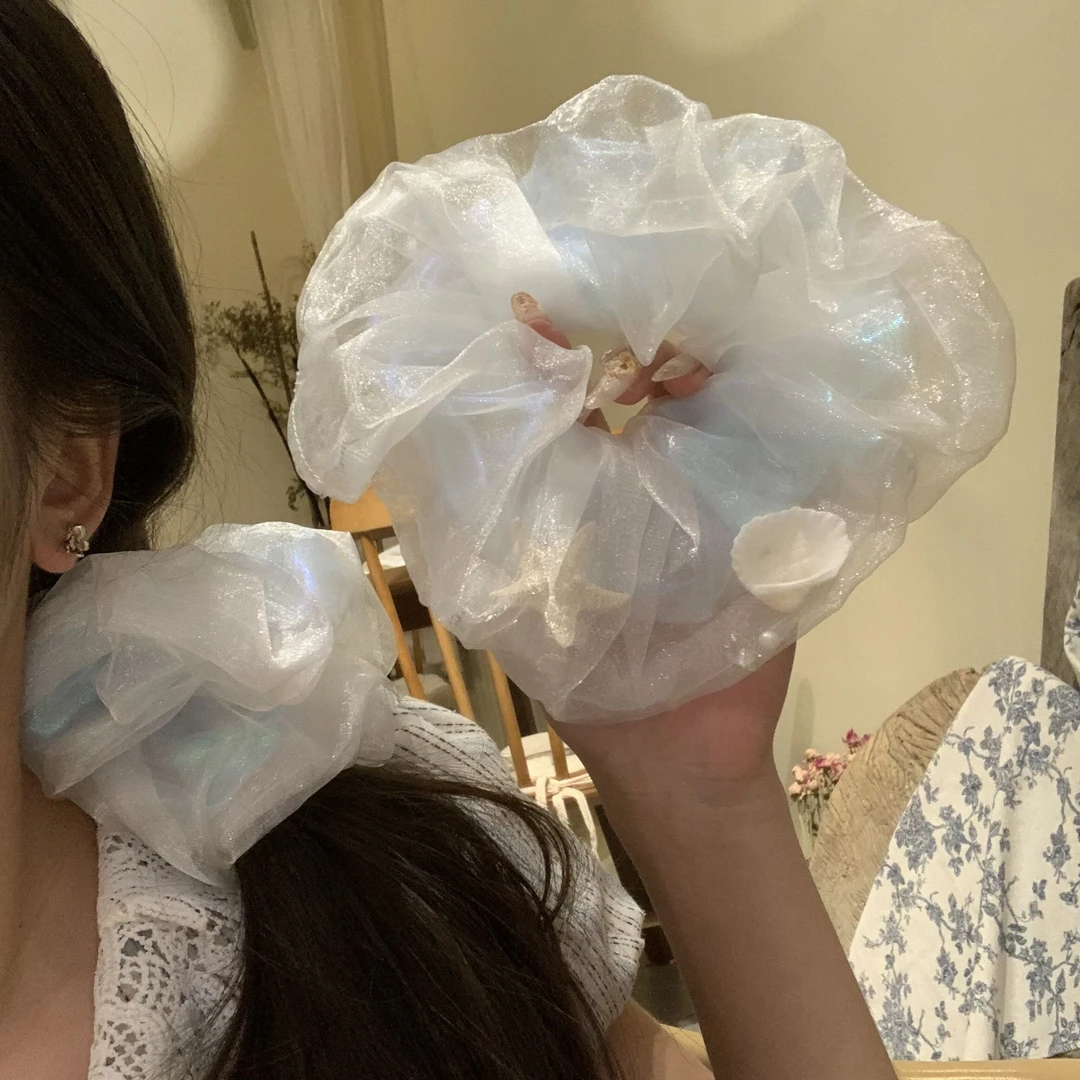 超仙细闪网纱海星贝壳大肠发圈蕾丝高级感百搭发圈扎侧马尾发饰