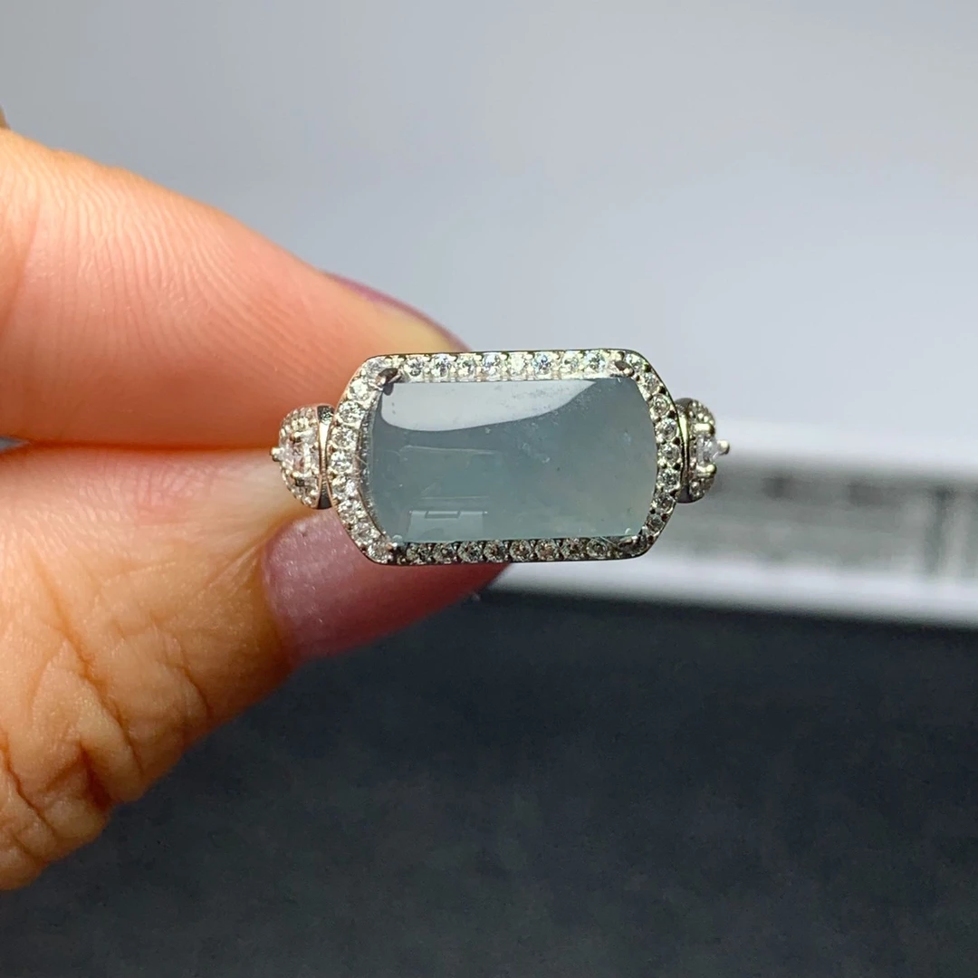 翡翠戒指银镶天然翡翠A货冰种马鞍戒指正品翡翠马鞍戒指活口礼物